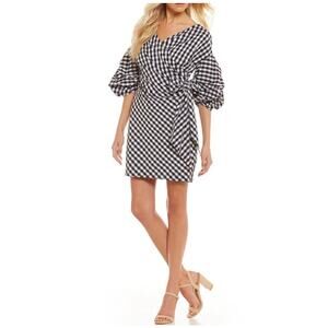 Gianni Bini Gingham Dress Medium Tie Side Wrap Mini Balloon Sleeve